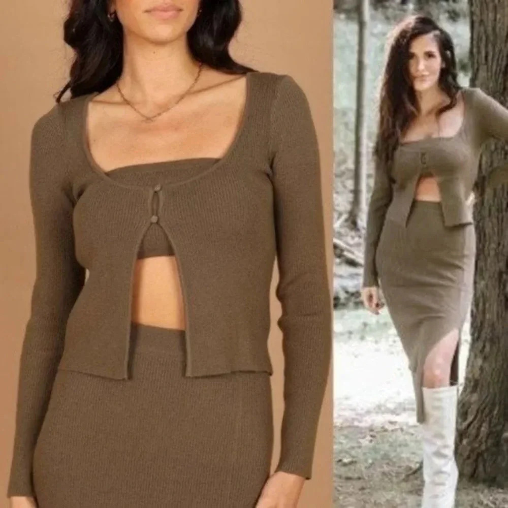 Petal & Pup Luna Knitted Ribbed Button Cardigan Olive Green Size L NWT